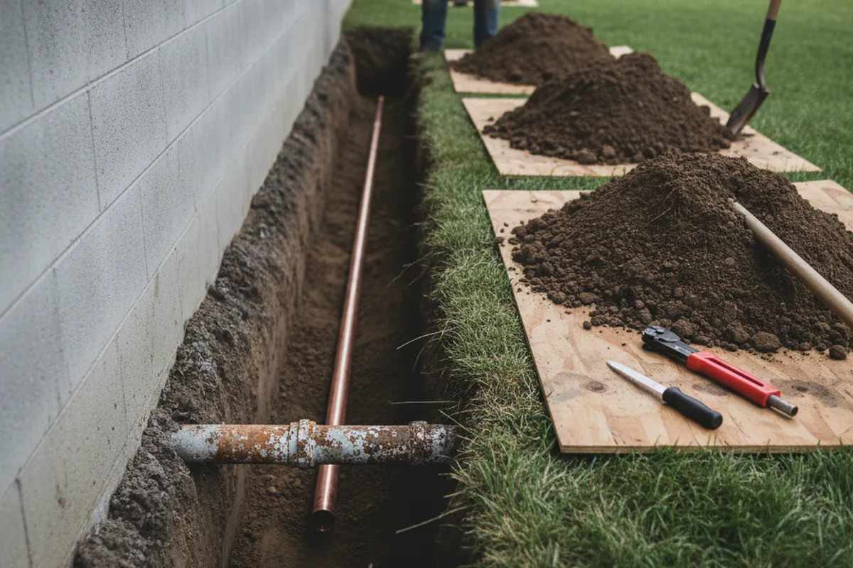 Excavated water line trench during Water Heater Repair in Reston